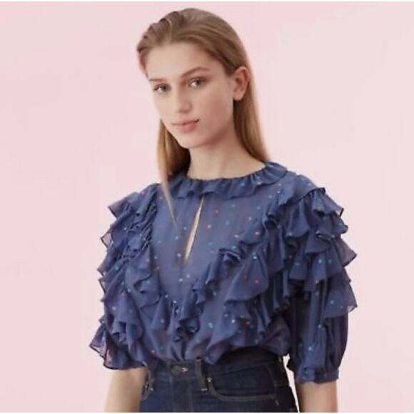 REBECCA TAYLOR Women’s Silk Glitter Gem Chiffon Ruffle Polka Dot Top - Picture 1 of 8